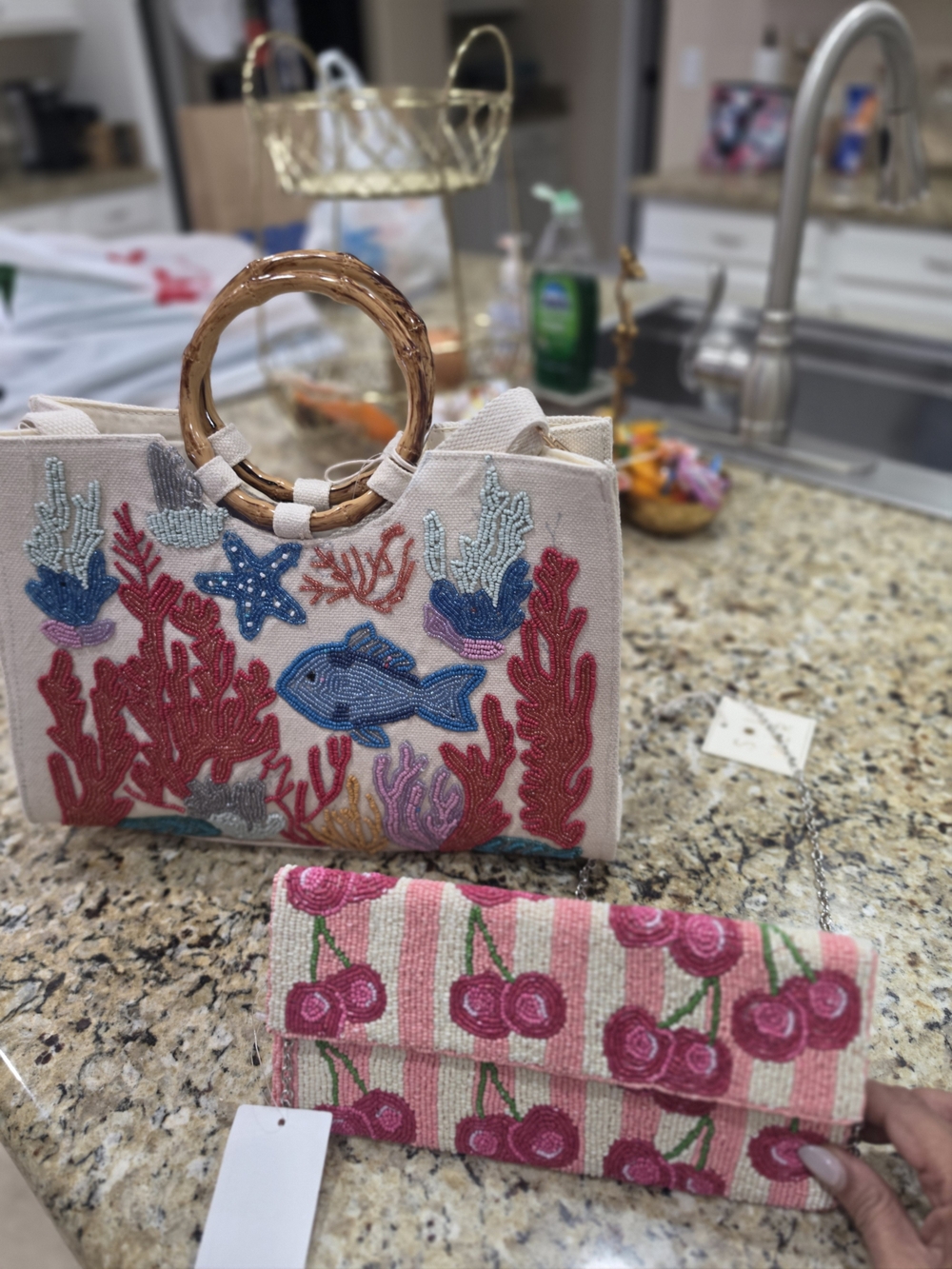 Embroidered Beige Canvas Tote with Coral Reef Motif and Bamboo Handles